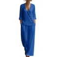 thumbnail image 2 of Chbgutlmr Womens 2 Piece Sets Cotton Linen Outfits Long Sleeve Deep V Neck Button down Shirts Straight Leg Pants Casual Loose Summer Plain Set, 2 of 5