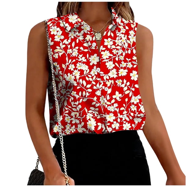 TaTaai Lapel Printed Top Wrinkle-Resistant Soft Women's Fashion Button Front Sleeveless Short Sleeve Loose Summer Casual Office Blouse Gift