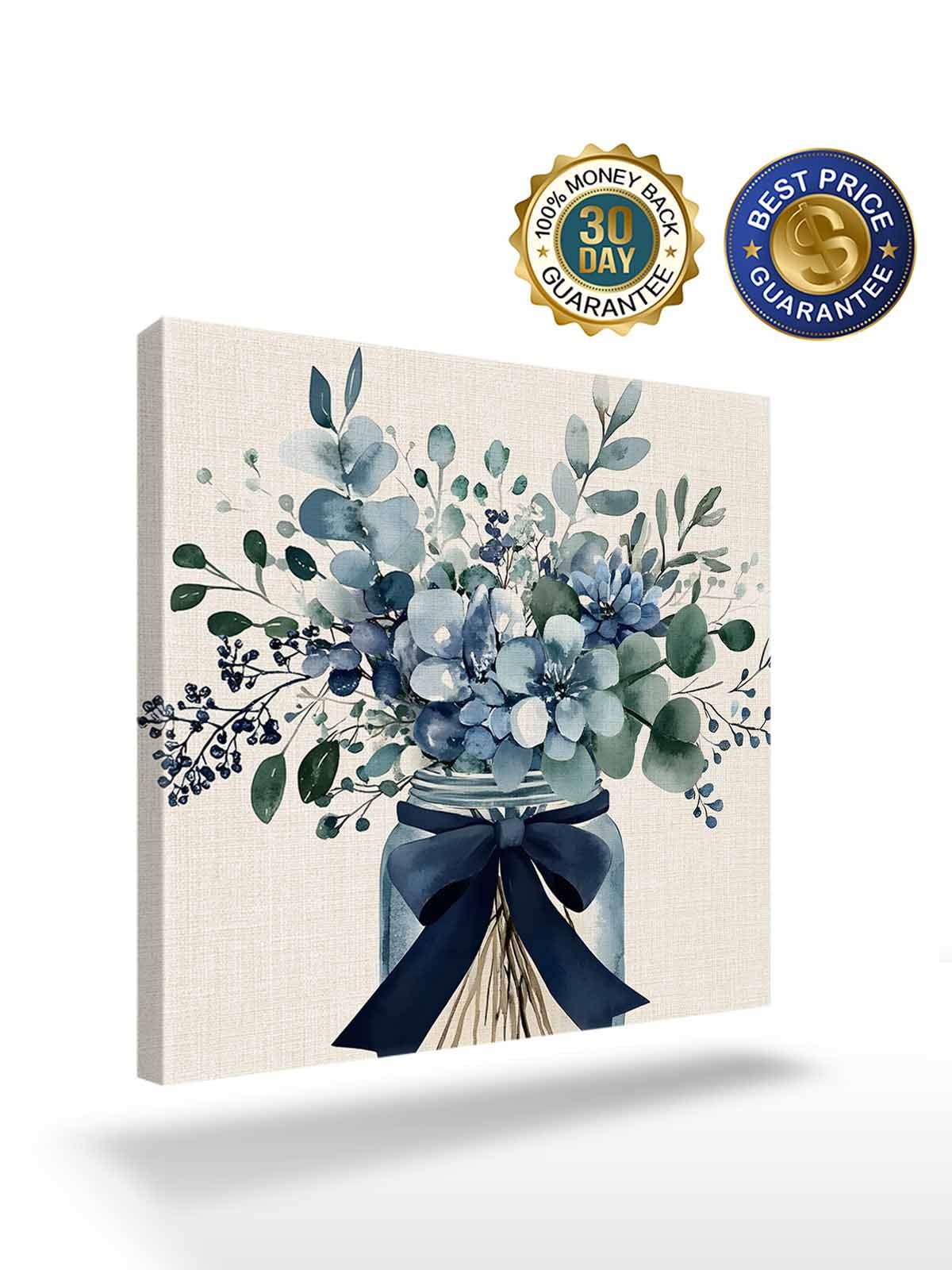 Blue Floral Canvas Wall Art, Pastoral Eucalyptus Leaf Bow Vase Framed Wall Decor Modern Artwork Prints Painting for Living Room, Bedroom, Kitchen & Cafe Decor 12x12 Inch