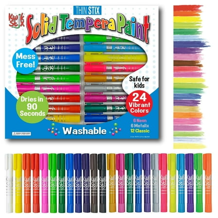 Kwik Stix Thin Stix Solid Tempera Paint Sticks, 24 Count, Classic, Metallic & Neon Colors, Washable, Quick-Drying, Non-Toxic