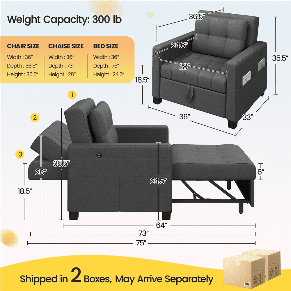 Renwick 3-in-1 Convertible Sleeper Sofa Bed with Adjustable Backrest & USB Ports, Dark Gray