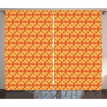 Orange Curtains 2 Panels Set Geometric Grid Design With Floral