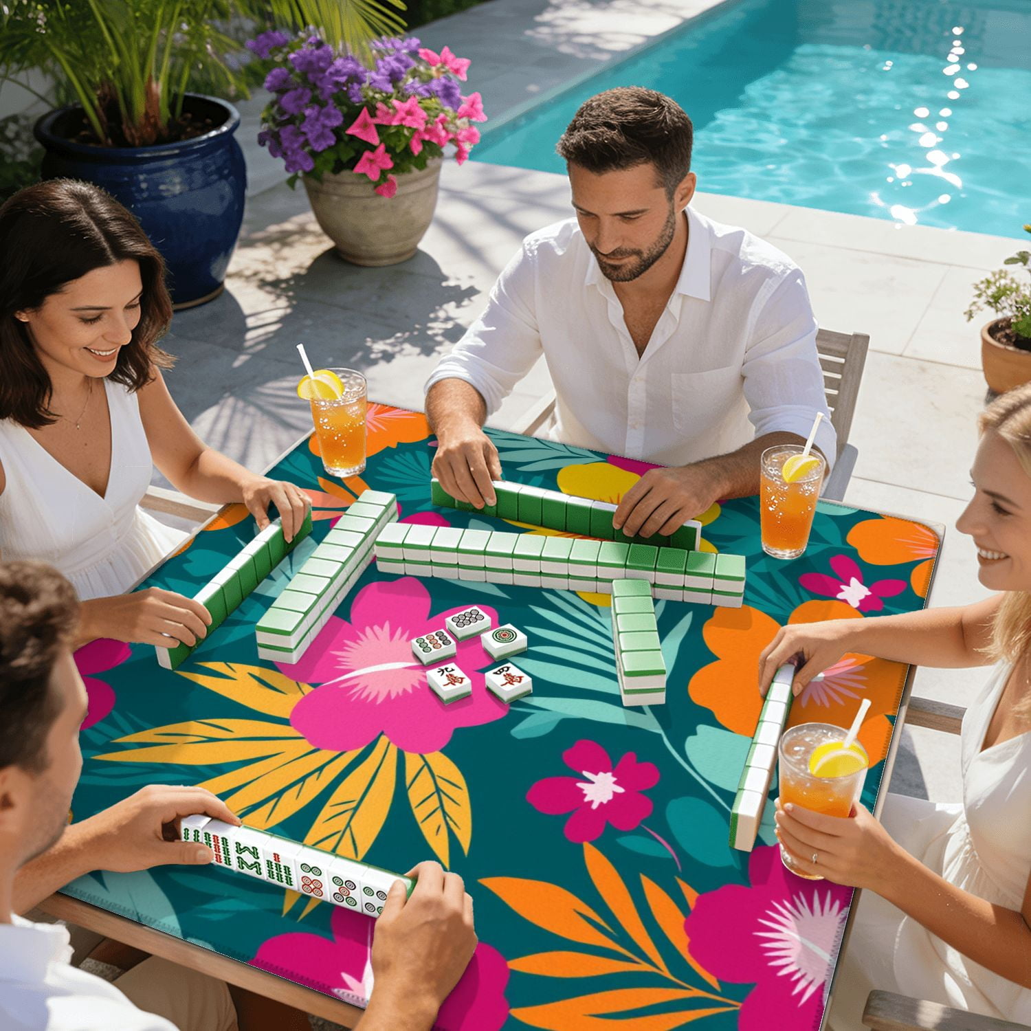 Mahjong Mat 31.5" x 31.5" Colorful hibiscus flower tropical leaf seamless design for summer Non-Slip Noise Reduction American Mahjong Tiles Table Cover for Dominoes Poker Card Board Games Gift