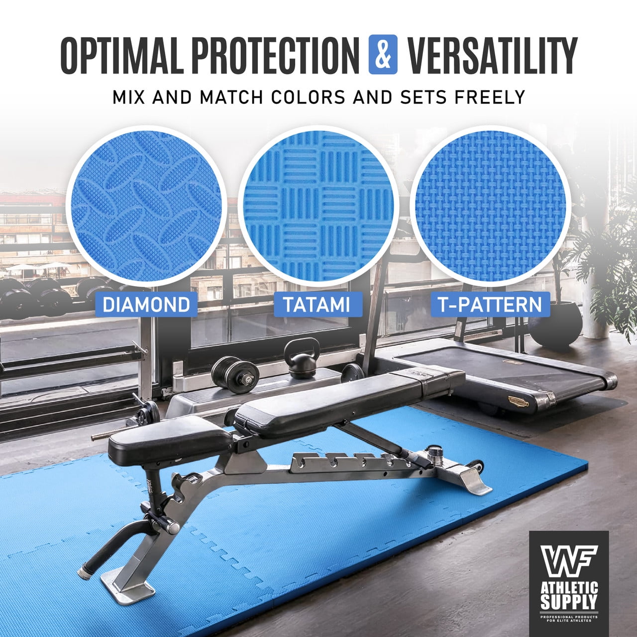 WF Athletic Supply 96 SQ.FT Diamond Pattern 1-Inch Thickness Interlocking Exercise Foam Mats, Extra Thick Eva Foam Flooring Tiles, Gym Fitness Equipment Mat, Home Protective Flooring Cushion, Blue