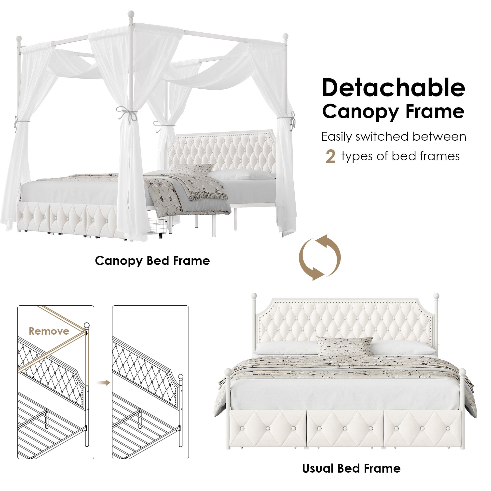 Homfa King Size Removable Canopy Bed Frame, 3 Storage Drawers Metal Platform Bed with Button Tufted Upholstered Headboard, Canopy Bed Curtain Not Included, Beige