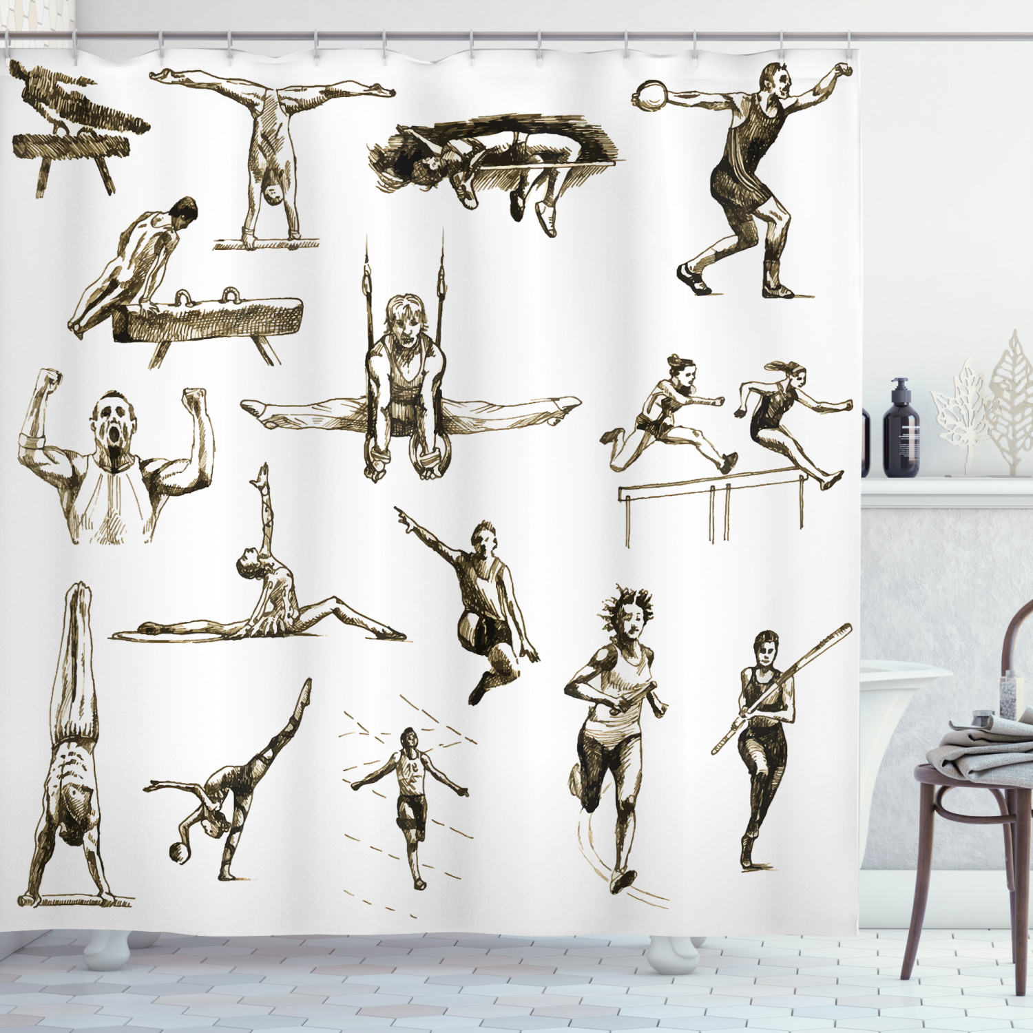 Olympics Decorations Shower Curtain, Illustration of Athletes Summer