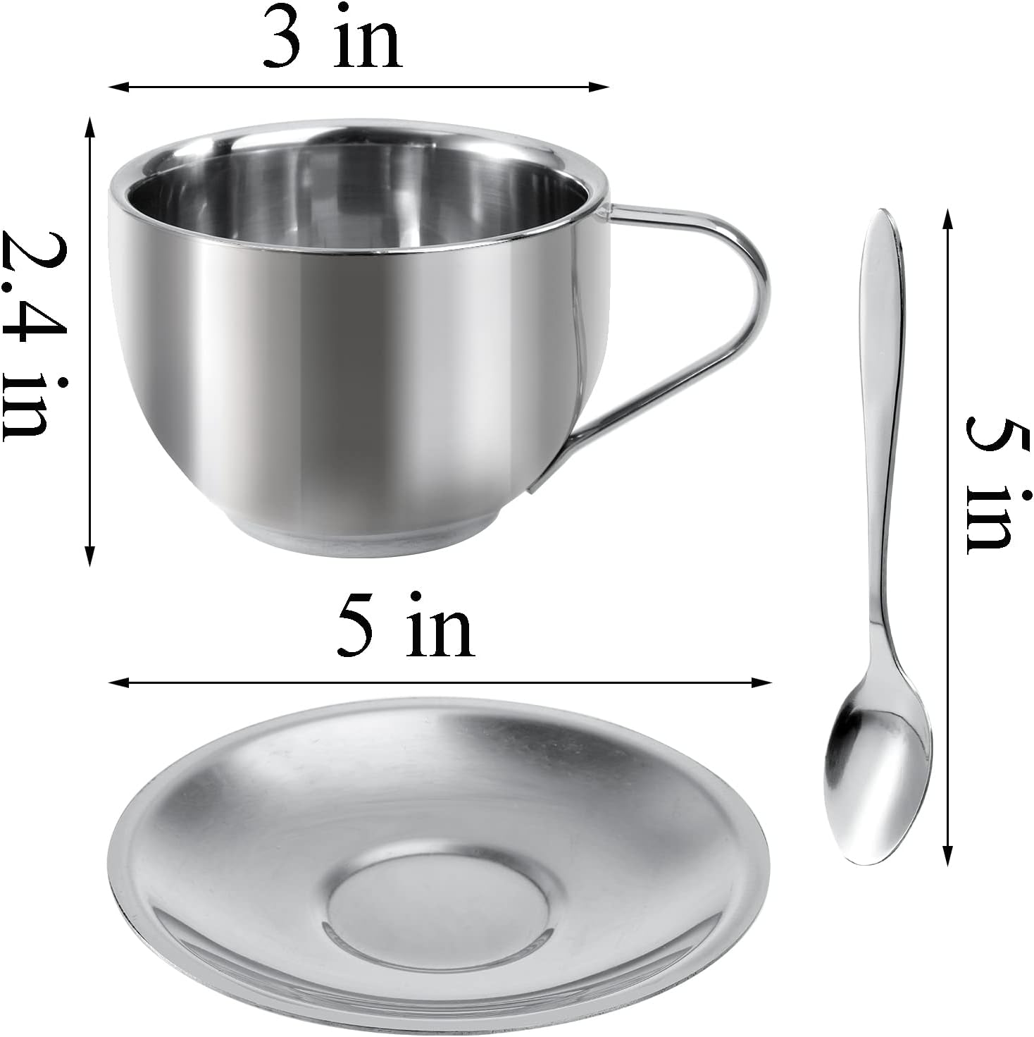 4 Pack Stainless Steel Coffee Cup Set, 6 Oz Coffee Mugs with Spoon and Saucer, Double Walled Espresso Cups Mugs for Coffee, Latte,Tea, Milk