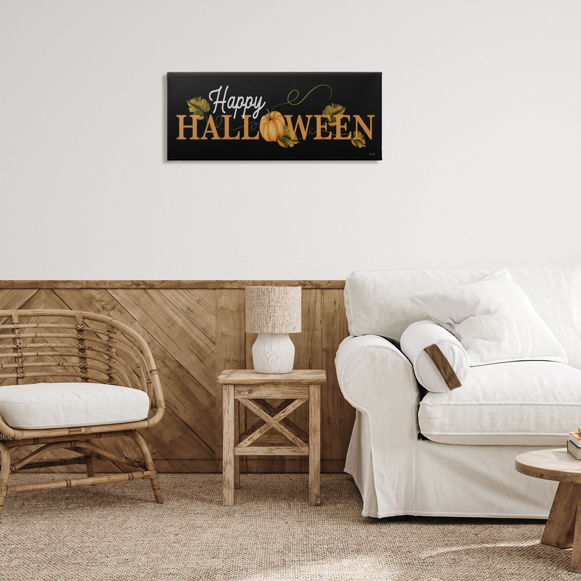 Stupell Industries Happy Halloween on Black Holiday Painting Gallery Wrapped Canvas Art Print Wall Art, 30 x 13