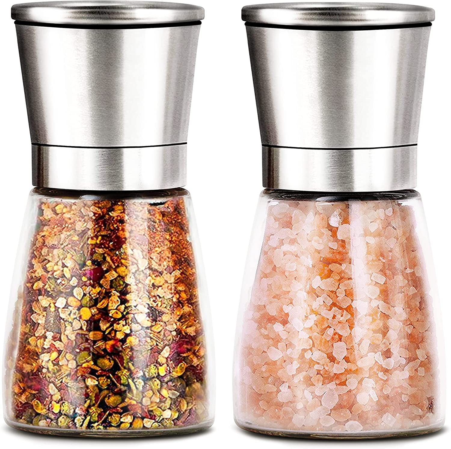  Beautiful Stainless Steel Salt and Pepper Grinder Set of 2 -  Pepper Mill & Salt Mill with Adjustable Coarseness - Glass Spice Shakers -  Easy Clean Ceramic Grinders w/Spoon & Cleaning