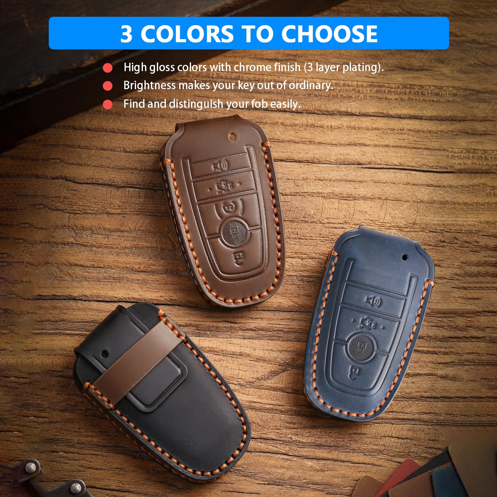Durable 5-Button Leather Key Fob Protector Case Compatible with Ford Explorer Bronco F-150 Mustang Ranger Escape Expedition Edge Fusion and Lincoln Vehicle Remote Covers