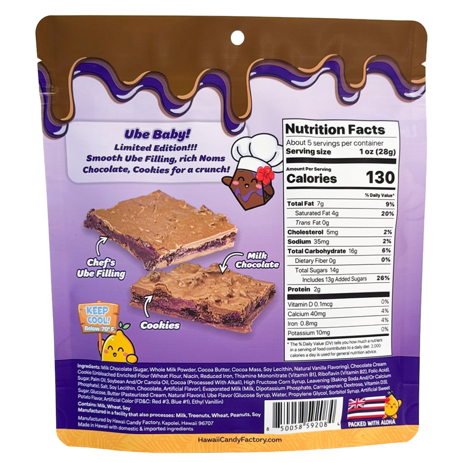 NOMS Ube Cookie Chocolate Bark, Ube Filling and Cookies Hawaii Candy, 5 oz, Resealable Bag