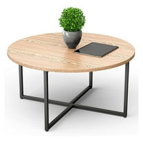 Round Coffee Table for Living Room - Circular Wood & Metal Frame, Light Brown