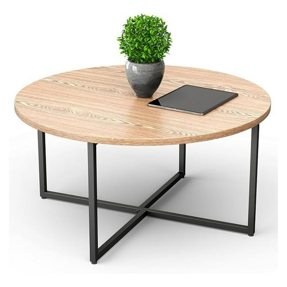 Round Coffee Table for Living Room - Circular Wood & Metal Frame, Light Brown