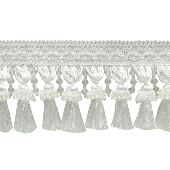 4" (10cm) Elegant Beaded Tassel Fringe with Fancy Gimp Header | Fringe Trim # BTFCT4,, Pure White #A1 (Bright White) Sold By The Yard (36"/3 ft/0.9m)