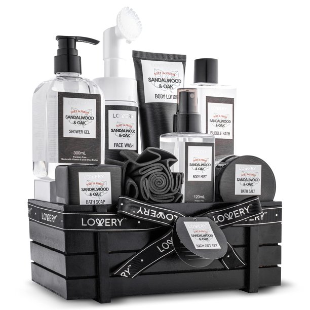 Kit de spa para regalos de cumpleaños para hombres, set de regalo de baño perfumado de sándalo y roble y cesta de regalo de ducha con lavado de cara y cepillo, gel de ducha, loción corporal de baño de