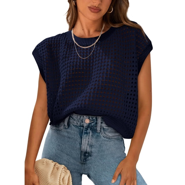 Camiseta PRETTYGARDEN de algodón azul marino tejida a ganchillo para mujer, primavera y verano