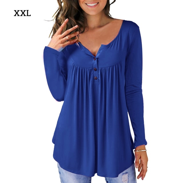Camisa de mujer Botón plisado Blusa suelta Camiseta de manga larga Top, Azul, XXL Scienceny AP000668-06