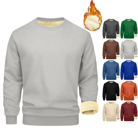 Fshiont Mens Sherpa Fleece Lined Sweatshirt Crewneck Basic Thermal Pullover Tops Winter Thick Heavyweight Warm Sweater Shirts Light Gray XL