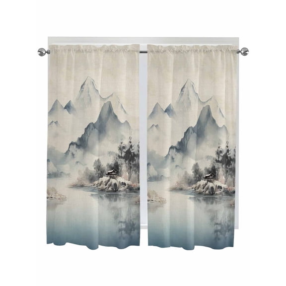Bedroom Curtains 63 Inches length, Landscape Painting Window Treatment Curtain Drapes, Watercolor Mountains Farmhouse Rod Pocket Curtain Panels for Living Room Kitchen, 42"x63", 2 Panels