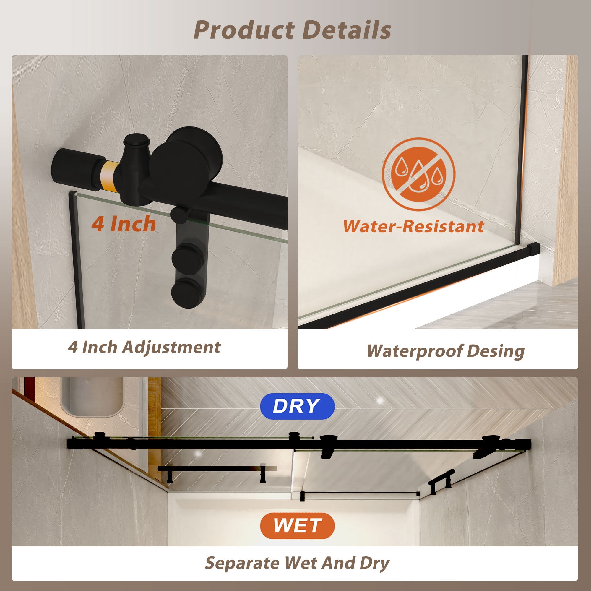 Leumius 50-54" x 76" H Frameless Sliding Shower Door,5/16" Clear Tempered Glass Sliding Shower Door,Stainless Steel Frame,Matte Black