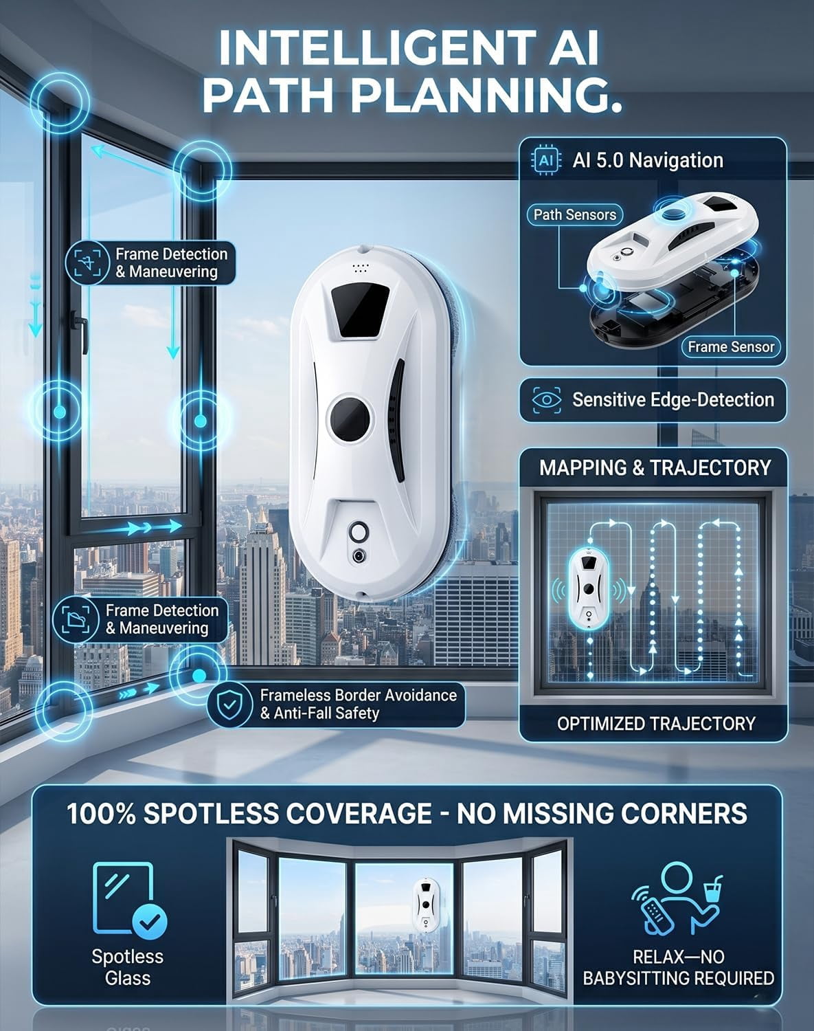 Automatic Window Cleaning Robot with 3200Pa Suction and Dual Automatic Spray, Smart Glass Vacuum for High Rise Windows, AI Edge Detection Safety, AI Path-Planning, Streak Free Hands Free Wash