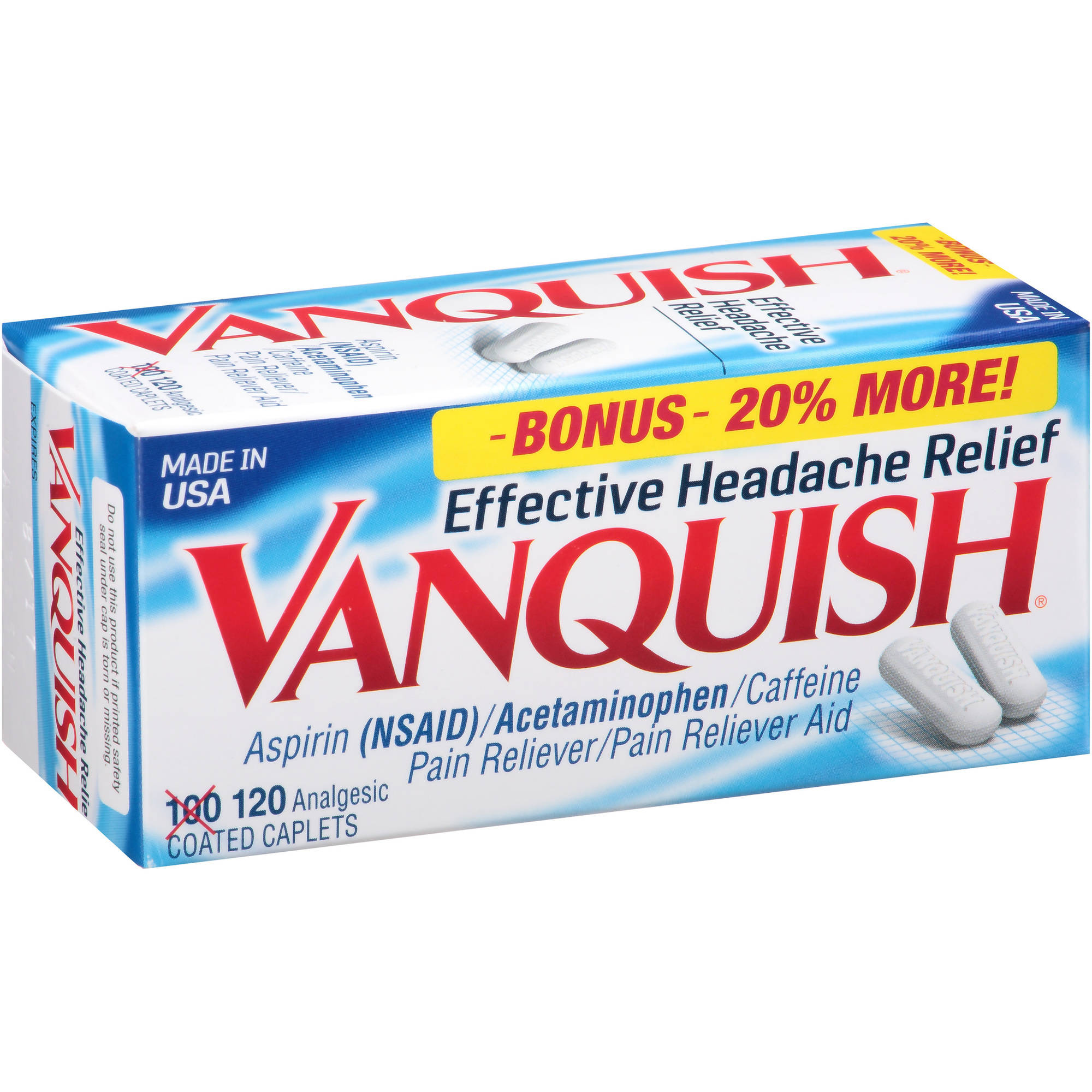 Vanquish Aspirin/Acetaminophen/Caffeine Pain Reliever Aid, 120 count