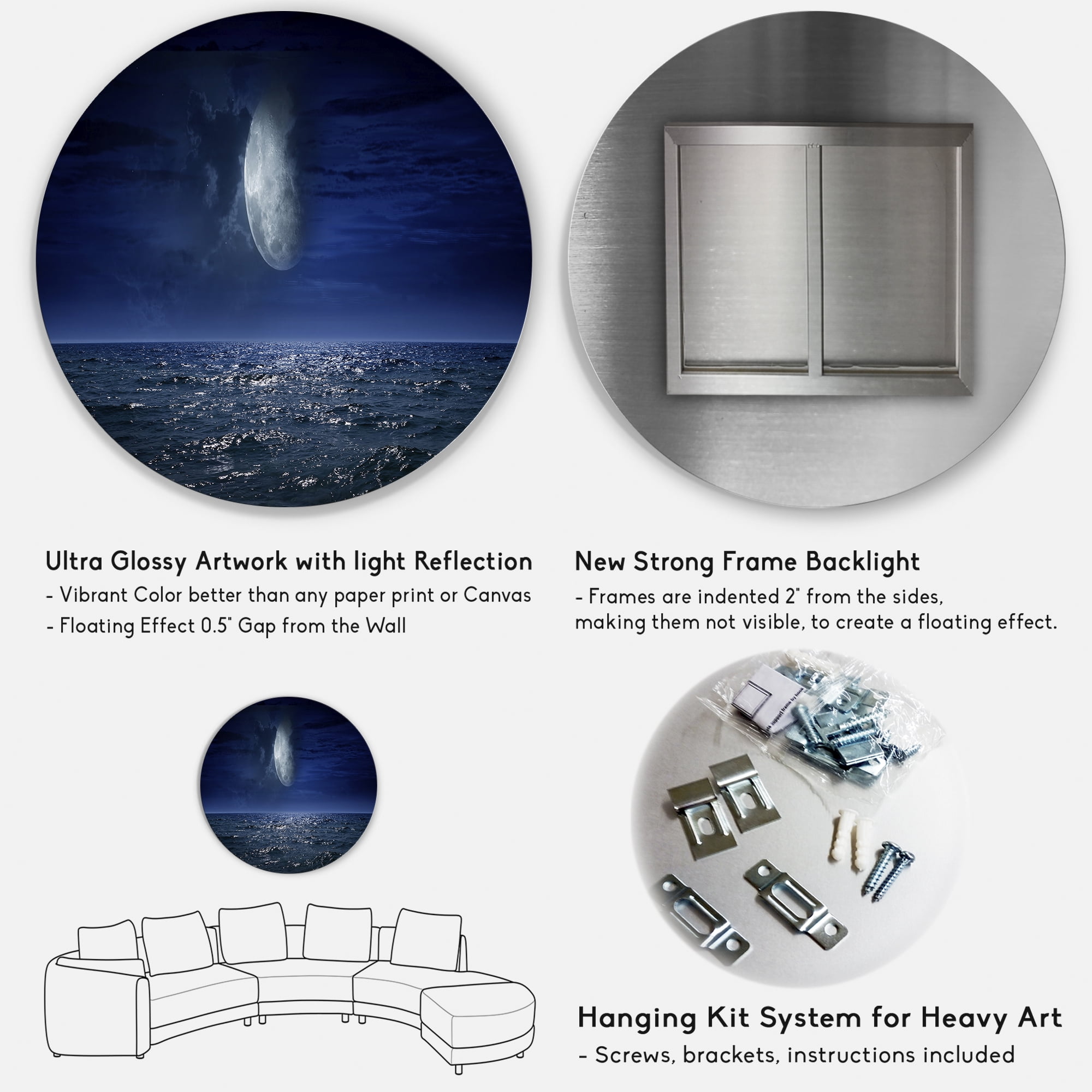 Designart 'Full Moon Night Over Dark Ocean' Nautical & Coastal Circle Metal Wall Art 36x36 - Disc of 36