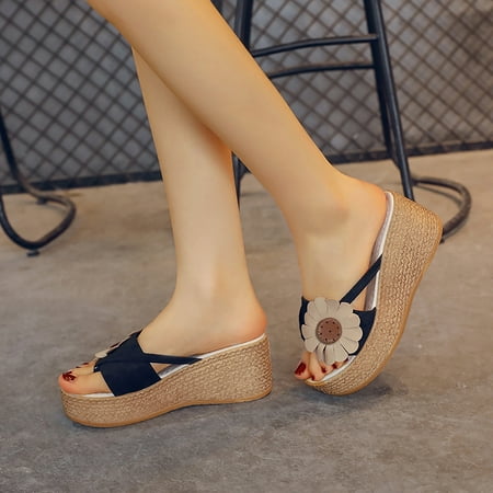 

YTJX Ladies Fashion Summer Flower Flock Thick Sole Flip Flops Casual Sandals