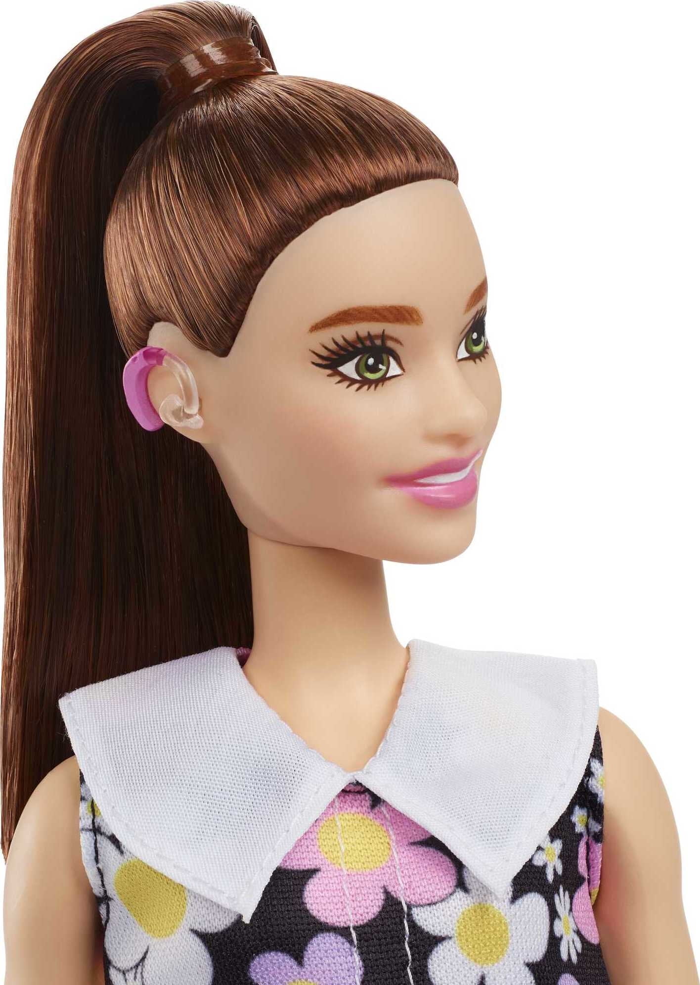 Barbie Fashionistas Doll #187 in Dress with Behind-the-Ear Hearing Aids, Brunette Ponytail & Boots