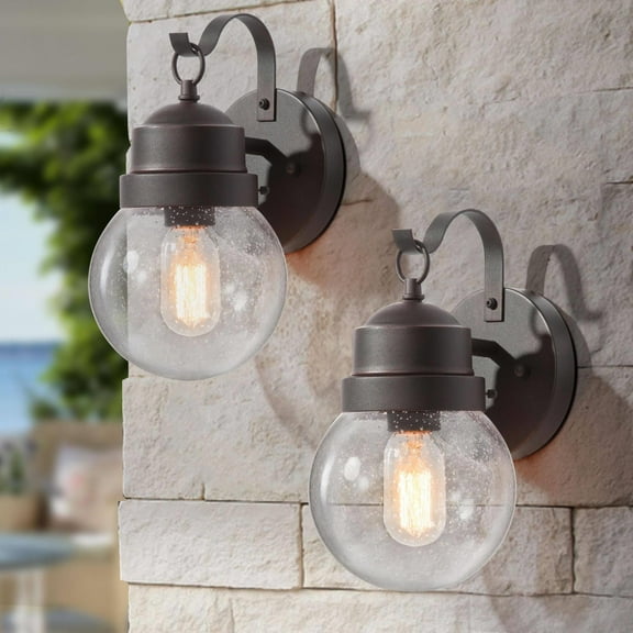 LNC 1-Light Rusty Matte Black Globe Outdoor Wall Lighting with Seeded Glass (2 Pack)