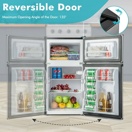 Costway - 3.2 Cu.Ft Mini Refrigerator with  Freezer Compact Fridge with  2 Reversible Door - Black / Silver