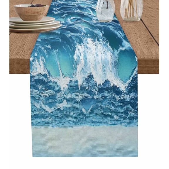 Blue Teal Coastal Table Runner 72 Inches, Waves Sea Nautical Ocean Summer Beach Bed Runner Dresser Scarves Tabletop for Indoor Outdoor Parties/Ceremony/Banquet, 16" x 72"
