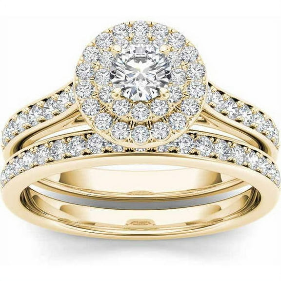 1 Carat T.W. Diamond 10kt Yellow Gold Double Halo Engagement Ring Set