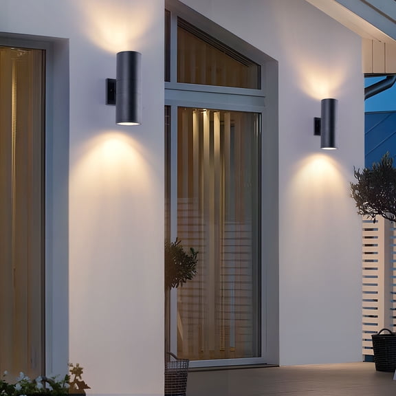 Modern Outdoor Porch Light Patio Light in 2 Lights with Aluminum Cylinder and Tempered Glass Cover Waterproof Wall Sconce 2 Pack (Matte Black)