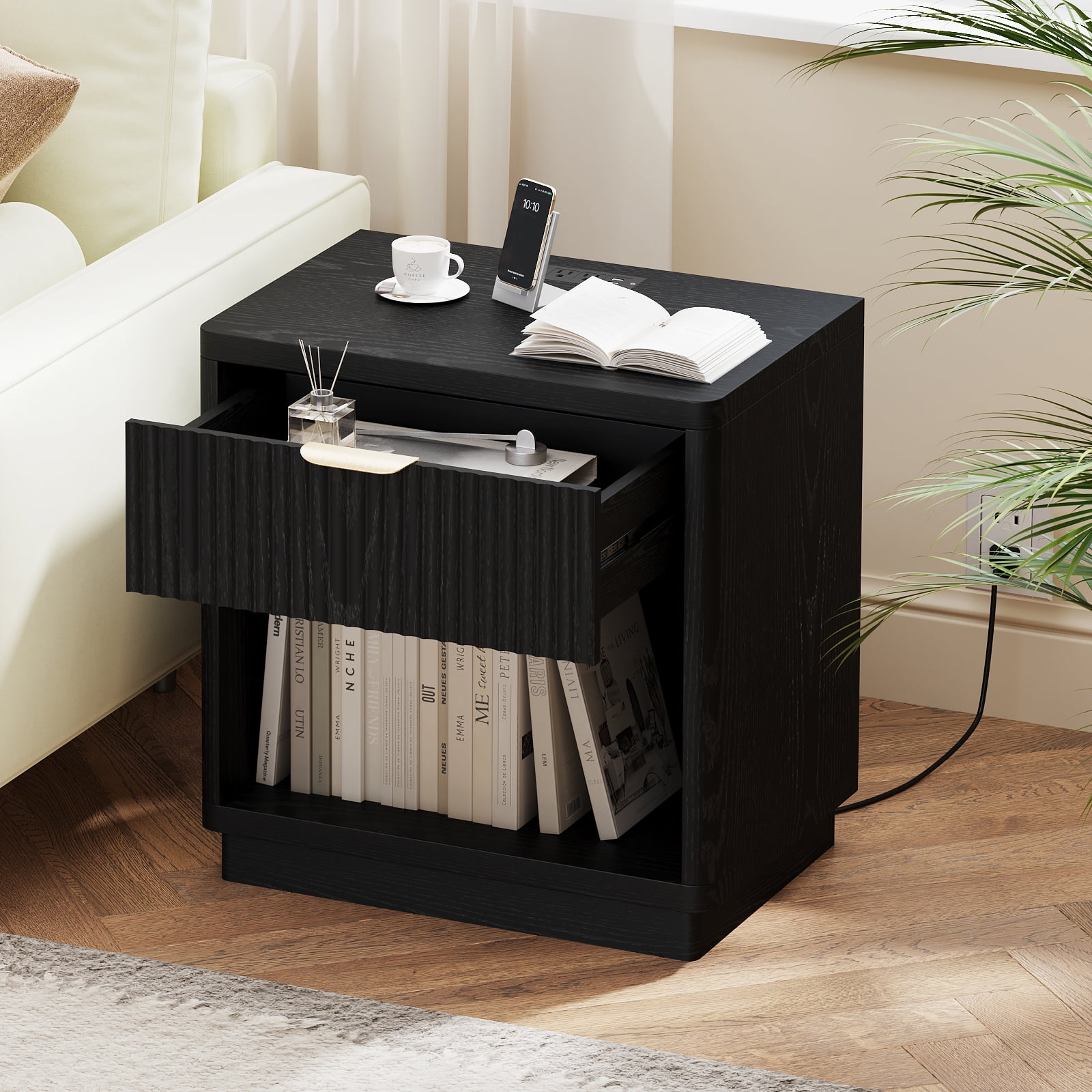 Pusnapku Fluted Night Stand, 22" Farmhouse Bedside Table with Charging Station, Curved Design Wood End Table with Drawer, for Living Room, Bedroom