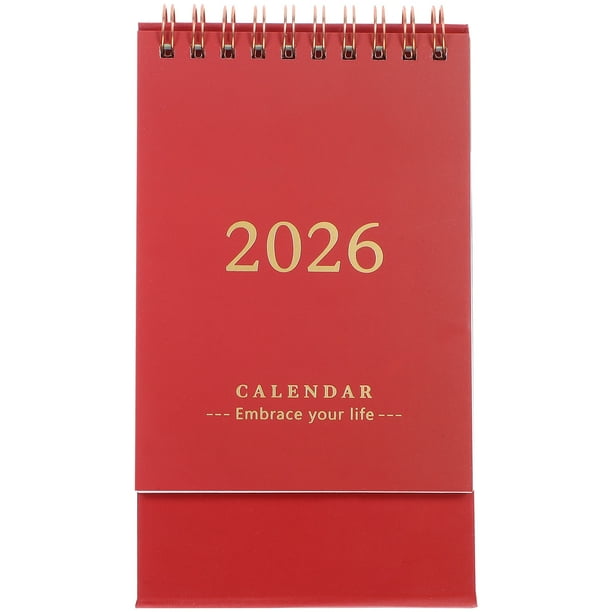 Planificador mensual: Calendario de escritorio plegable de pie, encuadernación de doble alambre, planificador diario para oficina, hogar, escuela, color rojo oscuro