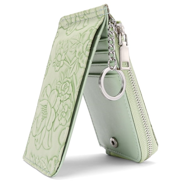 RFID Leather Credit Card Holder for Women Slim Wristlet Keychain Wallet with Zipper Pocket