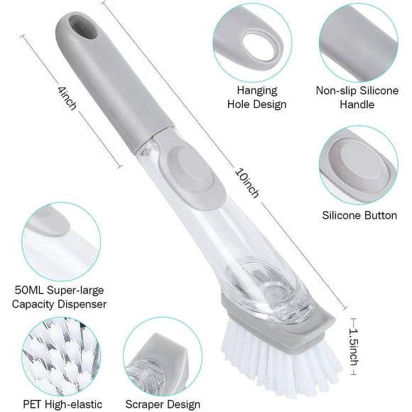 Dish Brush with Soap Dispenser Kitchen Brush Heavy Duty Non Scratch & Replaceable Sponge Head Dishwand Refill with Handle, Clean Scrub Sponge Brush for Kitchen, Bathroom, Dish Pots Cleaning