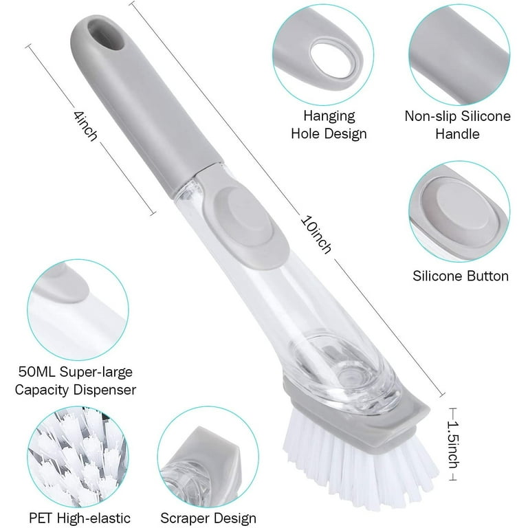 SUGARDAY Dish Brush with Soap Dispenser Kitchen Scrub Brush with 3 Brush  Replacement Heads for Pot Pan Sink Cleaning