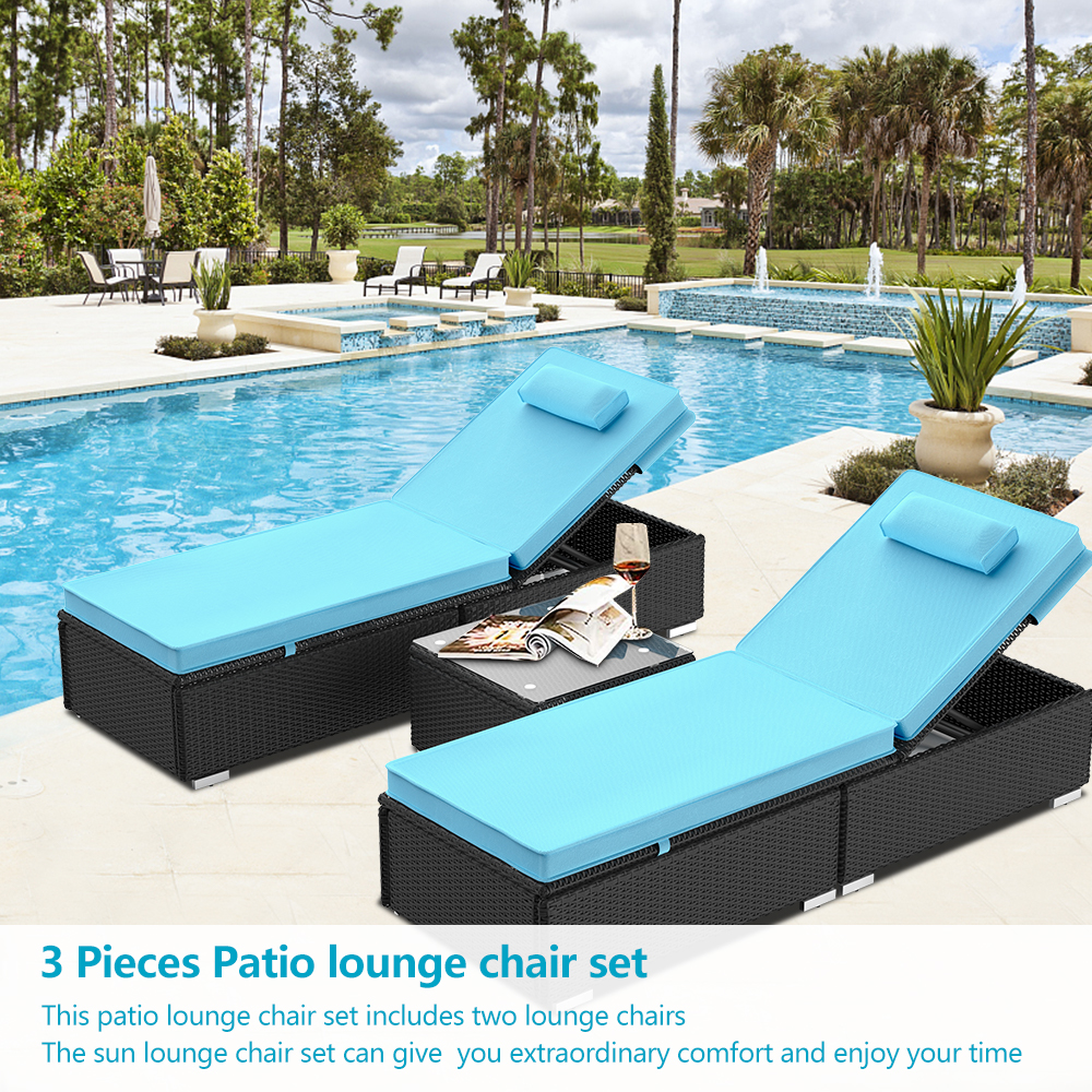 Lounge Chairs for Outside, BTMWAY 3 Piece Wicker Patio Lounge Chairs Set with Tempered Glass Table and Blue Cushion, Adjustable Backrest Outdoor Chaise Lounge Chairs for Backyard Beach Pool Patio - image 2 of 9