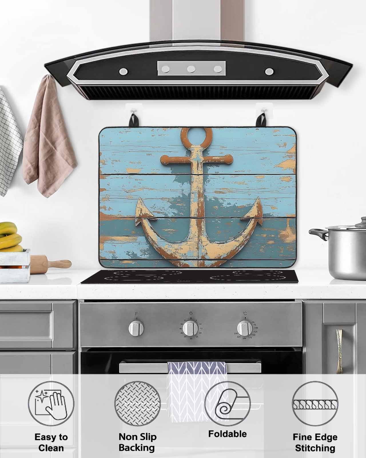 nqOlkjepod Large Induction Cooktop Protector Mat 28.5"x20.5", Brown Nautical Anchor Stove Top Covers for Electric Stove, Vintage Rustic Blue Wooden Plank Stove Burner Cover Mats Stove Cover