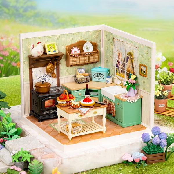 ROBOTIME Farmhouse Kitchen Super Creator DIY Miniature House Kit,Dollhouse Building Sets for Bookshelf Decor,Tiny Home Craft Kits for Adults,Gifts for Kids Teens Adults