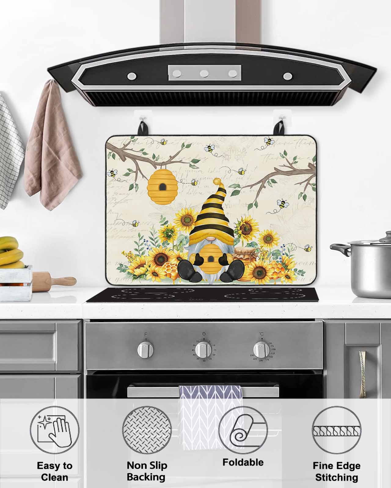 Large Induction Cooktop Protector Mat Gnomes Sunflower Stove Top Covers for Electric Stove, Bees Branches Floral Elegant Pastoral Decorative Stove Burner Cover Mats, Glass Top Stove Cover