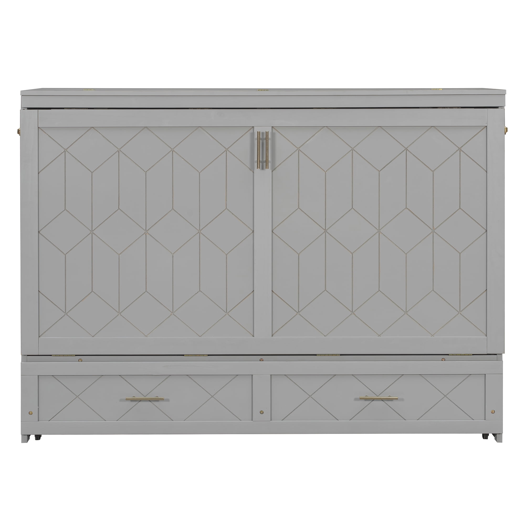 Mintazer Queen Murphy Bed with Storage Drawer & Charging Station, Modern Foldable Cabinet Bed with Geometric Pattern for Bedroom Apartment Guest Room, White