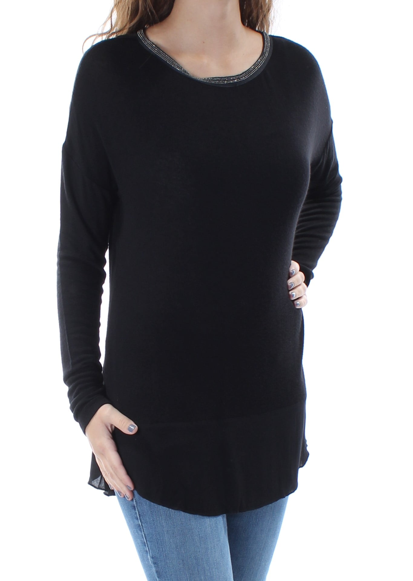 SANCTUARY Womens Black Beaded Long Sleeve Jewel Neck Top Size: XS ...