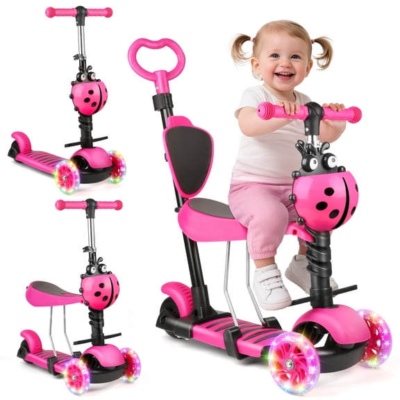 Beefunni 3-in-1 Kids Scooter with Seat, Adjustable Handlebar & LED Wheels, Toddler Kick Scooter for Boys Girls Ages 1-10, Convertible Sit-to-Stand Scooter, Birthday Gift for Kids