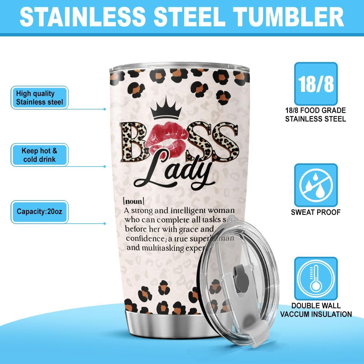 Boss Lady Definition Cup for Women, Leopard Print Lips Crown Design 20oz Stainless Steel Coffee Tumbler, Inspirational Gift for Female Leaders, Coworkers, Friends