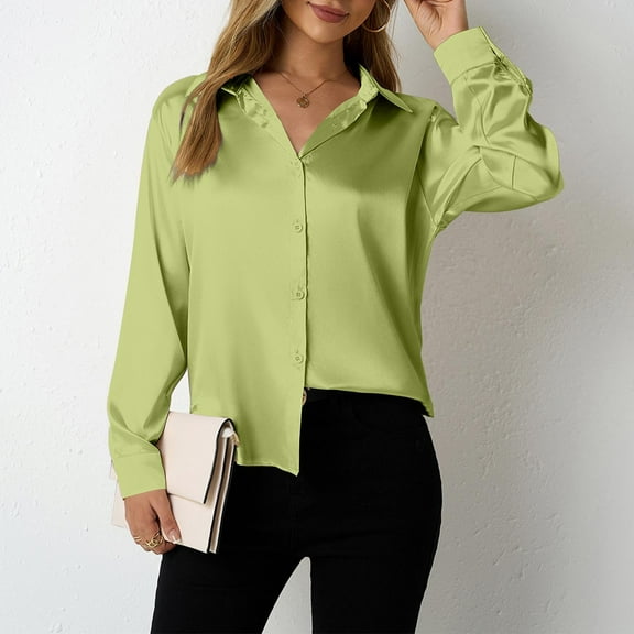CQONEPT Womens Satin Silk Shirts Dressy Casual Long Sleeve Tops Lapel Neck Business Blouse Button Down Tops Green M