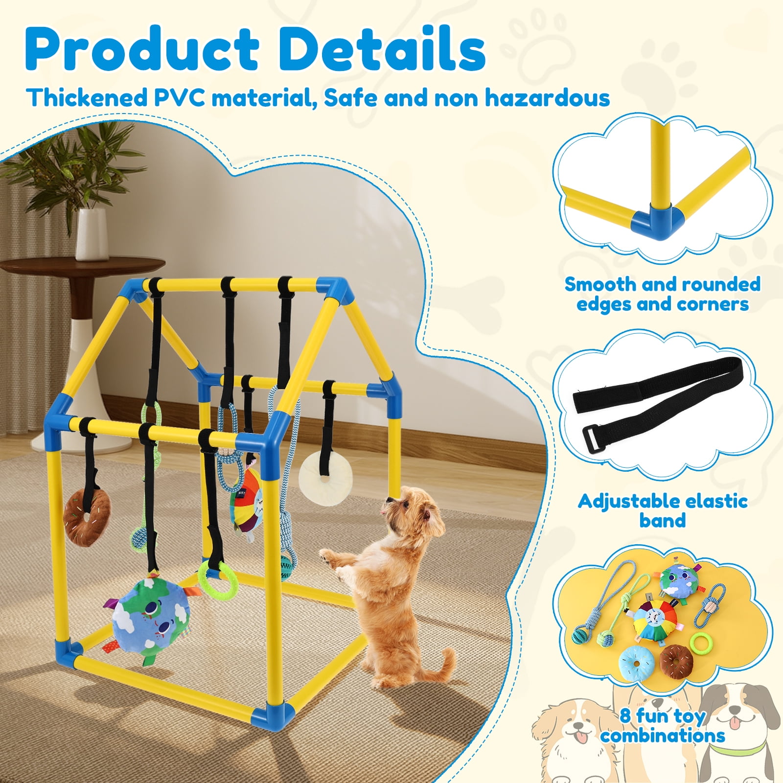 Ikoopy Puppy Play Gym with 8 Hanging Toy Indoor Jungle Gym Toy for Small Dog with PVC Frame and Bungee Strap for Entertainment Funny Teething and Mental Stimulation