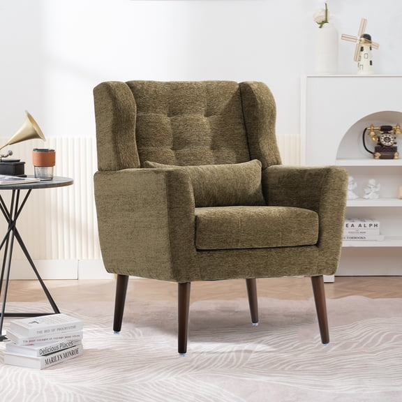Modern Accent Chair,Chenille Arm Chairs for Living Room,Upholstered Mordern Armchair,Comfy Soft Padded Lounge Chair in Small Space, Bedroom, with Pillow, Solid Wood Leg (Olive Green)